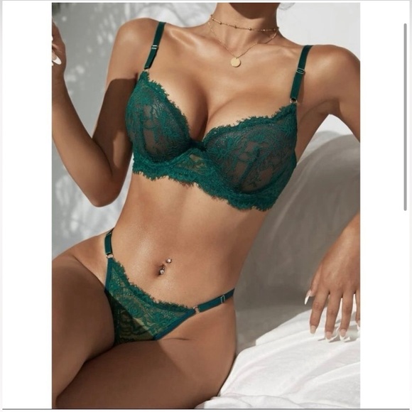 Sexy Floral Lace Lingerie Set Green M 🎁 with gift box - Picture 6 of 9